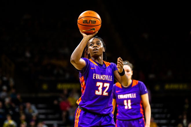 Evansville guard Myia Clark (32) shoots a free throw during a NCAA women's basketball game against Iowa, Thursday, Nov. 10, 2022, at Carver-Hawkeye Arena in Iowa City, Iowa.