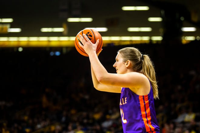 Evansville forward Celine Dupont (12) looks to pass during a NCAA women's basketball game against Iowa, Thursday, Nov. 10, 2022, at Carver-Hawkeye Arena in Iowa City, Iowa.