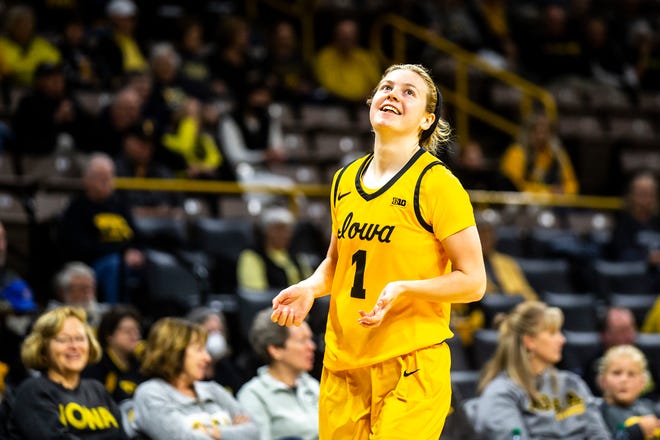 Iowa guard Molly Davis reacts during a NCAA women's basketball game against Evasnville, Thursday, Nov. 10, 2022, at Carver-Hawkeye Arena in Iowa City, Iowa.
