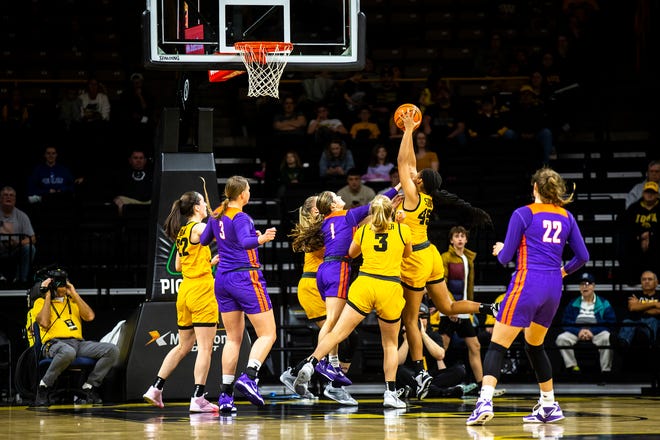 Iowa forward Hannah Stuelke pulls down a rebound during a NCAA women's basketball game against Evansville, Thursday, Nov. 10, 2022, at Carver-Hawkeye Arena in Iowa City, Iowa.