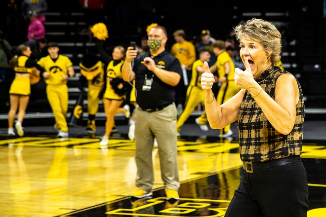 Iowa head coach Lisa Bluder reacts after a NCAA women's basketball game against Evansville, Thursday, Nov. 10, 2022, at Carver-Hawkeye Arena in Iowa City, Iowa.