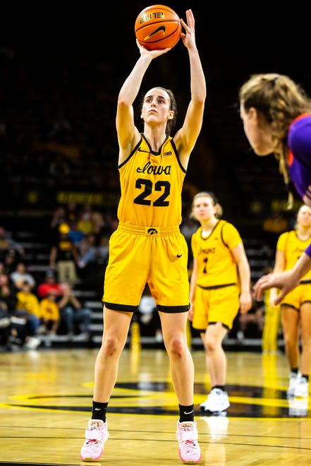 Iowa guard Caitlin Clark (22) shoots a free throw during a NCAA women's basketball game against Evansville, Thursday, Nov. 10, 2022, at Carver-Hawkeye Arena in Iowa City, Iowa.