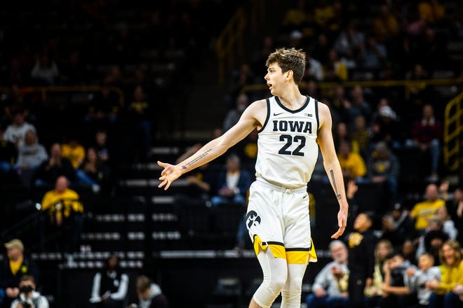 Iowa forward Patrick McCaffery (22) reacts after making a 3-point basket during a NCAA men's basketball game against North Carolina A&T, Friday, Nov. 11, 2022, at Carver-Hawkeye Arena in Iowa City, Iowa.