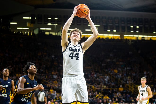 Iowa forward Riley Mulvey (44) dunks the ball during a NCAA men's basketball game against North Carolina A&T, Friday, Nov. 11, 2022, at Carver-Hawkeye Arena in Iowa City, Iowa.