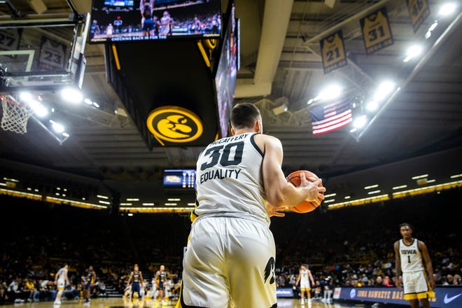 Iowa guard Connor McCaffery (30) inbounds a ball during a NCAA men's basketball game against North Carolina A&T, Friday, Nov. 11, 2022, at Carver-Hawkeye Arena in Iowa City, Iowa.