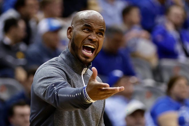 Seton Hall head coach Shaheen Holloway reacts to a call during the first half of the team's NCAA college basketball game against Iowa, Wednesday, Nov. 16, 2022, at the Prudential Center in Newark, N.J.
