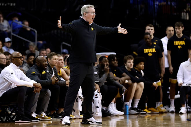 Iowa coach Fran McCaffery reacts to a call during the first half of the team's NCAA college basketball game against Seton Hall, Wednesday, Nov. 16, 2022, at the Prudential Center in Newark, N.J.