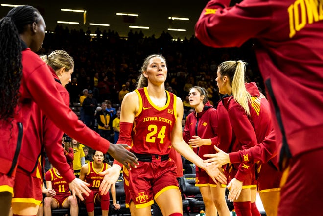 Iowa State's Ashley Joens is introduced during a Cy-Hawk Series NCAA women's basketball game against Iowa, Wednesday, Dec. 7, 2022, at Carver-Hawkeye Arena in Iowa City, Iowa.