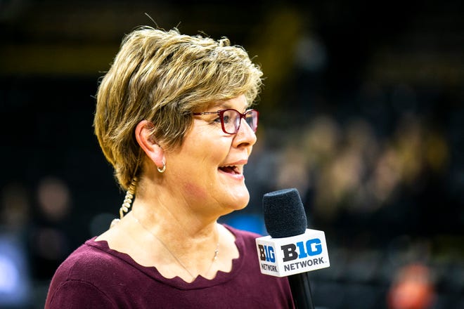 Brenda VanLengen does an interview on Big Ten Network after a NCAA Big Ten Conference women's basketball game between Iowa and Purdue, Thursday, Dec. 29, 2022, at Carver-Hawkeye Arena in Iowa City, Iowa.