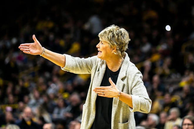 Iowa head coach Lisa Bluder reacts during a NCAA Big Ten Conference women's basketball game against Purdue, Thursday, Dec. 29, 2022, at Carver-Hawkeye Arena in Iowa City, Iowa.