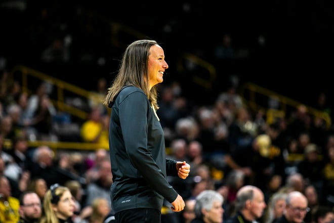 Purdue head coach Katie Gearlds reacts during a NCAA Big Ten Conference women's basketball game against Iowa, Thursday, Dec. 29, 2022, at Carver-Hawkeye Arena in Iowa City, Iowa.