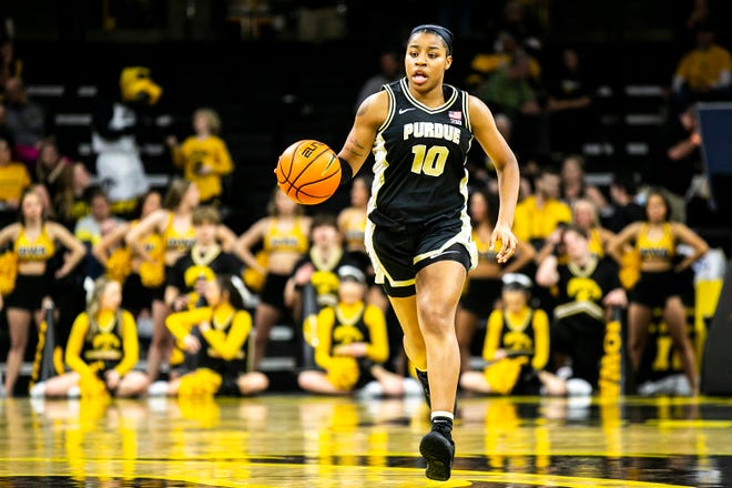 Purdue guard Jeanae Terry (10) dribbles the ball during a NCAA Big Ten Conference women's basketball game against Iowa, Thursday, Dec. 29, 2022, at Carver-Hawkeye Arena in Iowa City, Iowa.