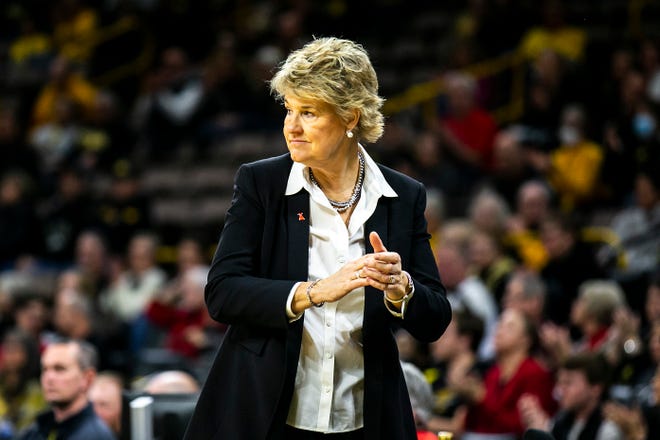 Iowa head coach Lisa Bluder reacts during a NCAA Big Ten Conference women's basketball game against Northwestern, Wednesday, Jan. 11, 2023, at Carver-Hawkeye Arena in Iowa City, Iowa.