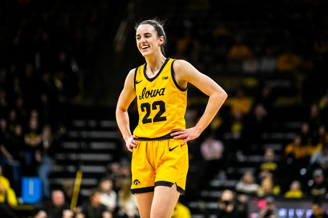 Iowa guard Caitlin Clark smiles during a NCAA Big Ten Conference women's basketball game against Penn State, Saturday, Jan. 14, 2023, at Carver-Hawkeye Arena in Iowa City, Iowa.