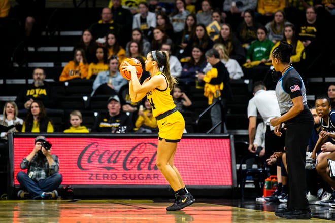 Iowa guard Gabbie Marshall shoots a 3-point basket during a NCAA Big Ten Conference women's basketball game against Penn State, Saturday, Jan. 14, 2023, at Carver-Hawkeye Arena in Iowa City, Iowa.