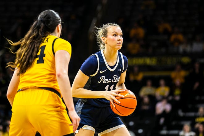 Penn State forward Anna Camden, right, looks to pass as Iowa's McKenna Warnock defends during a NCAA Big Ten Conference women's basketball game, Saturday, Jan. 14, 2023, at Carver-Hawkeye Arena in Iowa City, Iowa.
