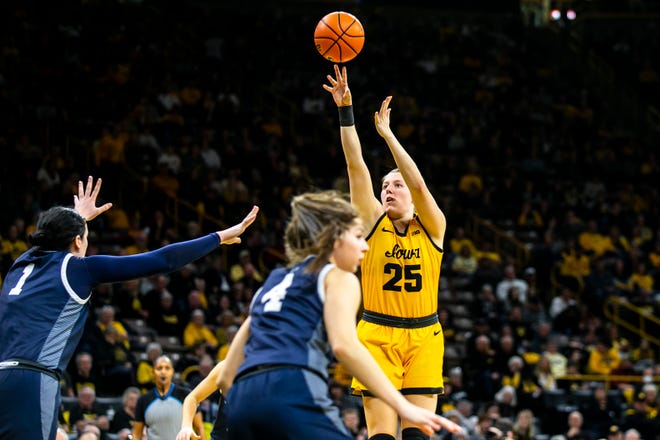 Iowa center Monika Czinano (25) shoots a basket as Penn State forward Ali Brigham, left, defends during a NCAA Big Ten Conference women's basketball game, Saturday, Jan. 14, 2023, at Carver-Hawkeye Arena in Iowa City, Iowa.