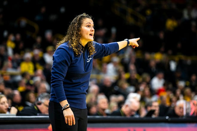 Penn State head coach Carolyn Kieger calls out instructions during a NCAA Big Ten Conference women's basketball game against Iowa, Saturday, Jan. 14, 2023, at Carver-Hawkeye Arena in Iowa City, Iowa.