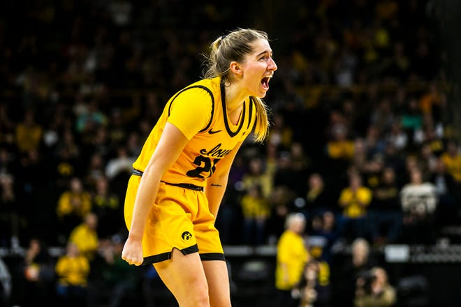 Iowa guard Kate Martin (20) reacts during a NCAA Big Ten Conference women's basketball game against Penn State, Saturday, Jan. 14, 2023, at Carver-Hawkeye Arena in Iowa City, Iowa.