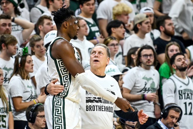 Michigan State's head coach Tom Izzo, right, talks with Mady Sissoko during the second half in the game against Purdue on Monday, Jan. 16, 2023, at the Breslin Center in East Lansing.