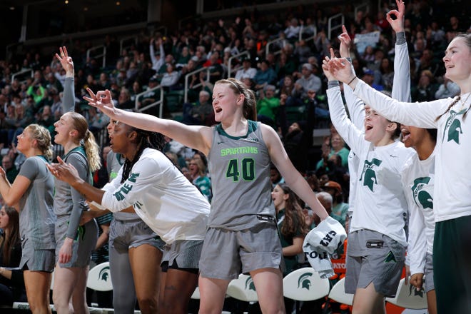 The Michigan State bench celebrates a 3-pointer by Tory Ozment against Iowa, Wednesday, Jan. 18, 2023, in East Lansing.