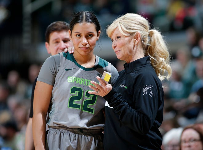 Michigan State coach Suzy Merchant, right, talks with Moira Joiner against Iowa, Wednesday, Jan. 18, 2023, in East Lansing.