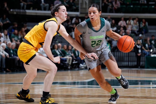 Michigan State's Moira Joiner, right, drives against Iowa's Caitlin Clark, Wednesday, Jan. 18, 2023, in East Lansing.