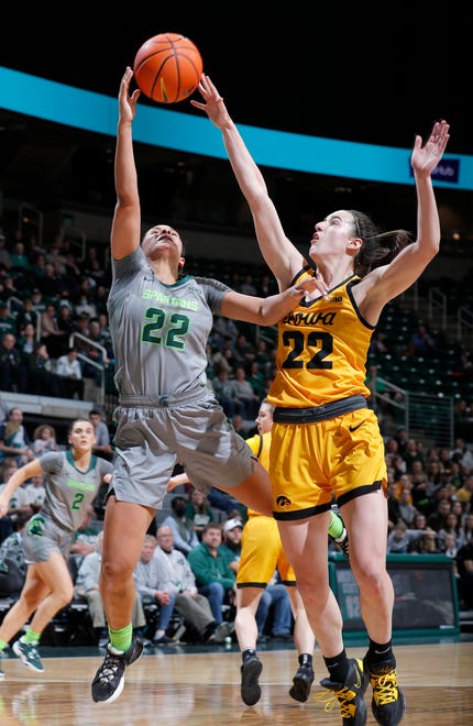 Iowa's Caitlin Clark, right, blocks a shot by Michigan State's Moira Joiner, Wednesday, Jan. 18, 2023, in East Lansing.