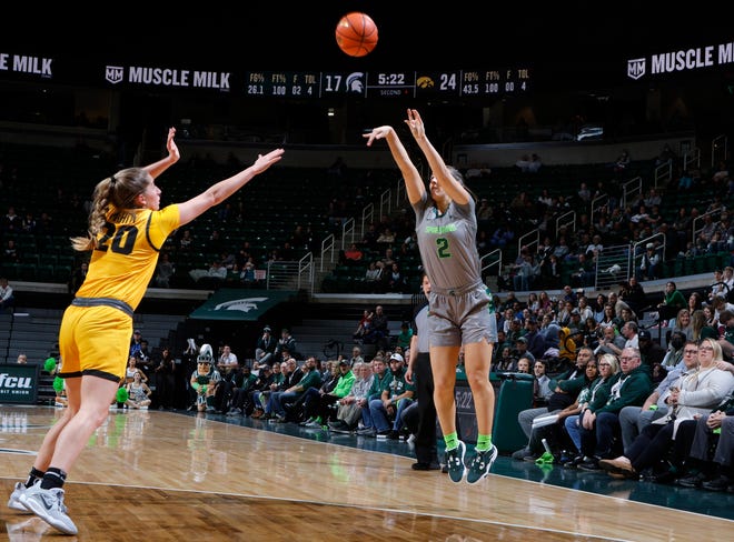 Michigan State's Abbey Kimball, right, launches a 3-pointer against Iowa's Kate Martin, Wednesday, Jan. 18, 2023, in East Lansing.