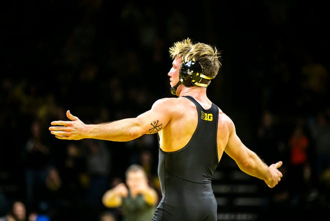 Iowa's Max Murin reacts after scoring a fall at 149 pounds during a Big Ten Conference men's wrestling dual against Nebraska, Friday, Jan. 20, 2023, at Carver-Hawkeye Arena in Iowa City, Iowa.