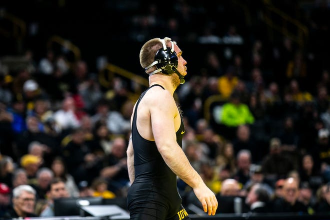 Iowa's Patrick Kennedy wrestles at 165 pounds during a Big Ten Conference men's wrestling dual against Nebraska, Friday, Jan. 20, 2023, at Carver-Hawkeye Arena in Iowa City, Iowa.