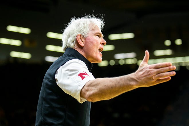 Nebraska head coach Mark Manning reacts during a Big Ten Conference men's wrestling dual against Iowa, Friday, Jan. 20, 2023, at Carver-Hawkeye Arena in Iowa City, Iowa.
