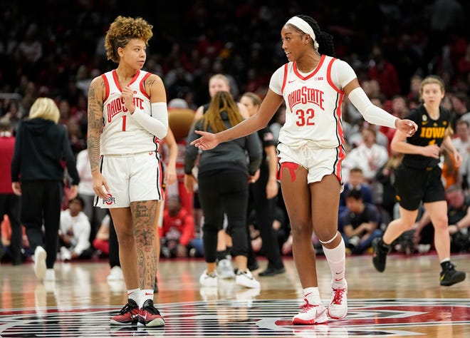 Jan 23, 2023; Columbus, OH, USA;  Ohio State Buckeyes guard Rikki Harris (1) and forward Cotie McMahon (32) walk up court during the second half of the NCAA women's basketball game against the Iowa Hawkeyes at Value City Arena. Ohio State lost 83-72. Mandatory Credit: Adam Cairns-The Columbus Dispatch
