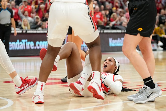 Jan 23, 2023; Columbus, OH, USA;  Ohio State Buckeyes forward Cotie McMahon (32) reacts to making a shot and being fouled during the second half of the NCAA women's basketball game against the Iowa Hawkeyes at Value City Arena. Ohio State lost 83-72. Mandatory Credit: Adam Cairns-The Columbus Dispatch