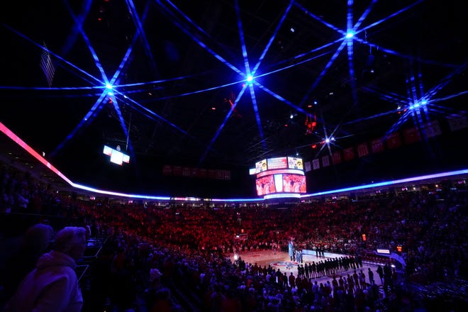 Jan 23, 2023; Columbus, OH, USA;  The National Anthem is played prior to the NCAA women's basketball game between the Ohio State Buckeyes and the Iowa Hawkeyes at Value City Arena. Mandatory Credit: Adam Cairns-The Columbus Dispatch