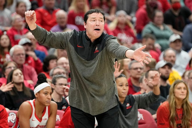 Jan 23, 2023; Columbus, OH, USA;  Ohio State Buckeyes head coach Kevin McGuff motions to his team during the second half of the NCAA women's basketball game against the Iowa Hawkeyes at Value City Arena. Ohio State lost 83-72. Mandatory Credit: Adam Cairns-The Columbus Dispatch