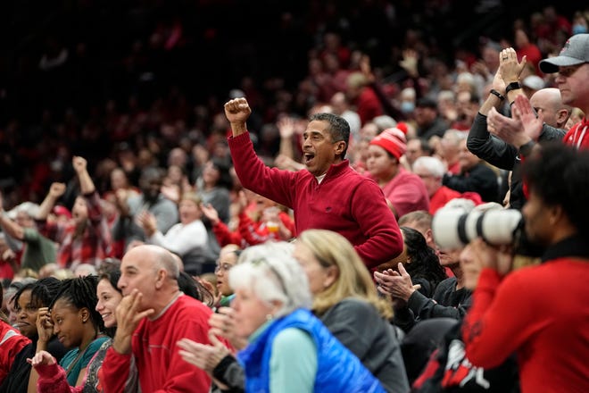 Jan 23, 2023; Columbus, OH, USA;  Ohio State Buckeyes fans cheer during the second half of the NCAA women's basketball game against the Iowa Hawkeyes at Value City Arena. Ohio State lost 83-72. Mandatory Credit: Adam Cairns-The Columbus Dispatch