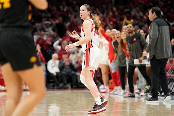 Jan 23, 2023; Columbus, OH, USA;  Ohio State Buckeyes guard Taylor Mikesell (24) celebrates a three pointer during the first half of the NCAA women's basketball game against the Iowa Hawkeyes at Value City Arena. Mandatory Credit: Adam Cairns-The Columbus Dispatch