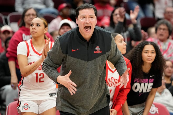 Jan 23, 2023; Columbus, OH, USA;  Ohio State Buckeyes head coach Kevin McGuff yells from the bench during the second half of the NCAA women's basketball game against the Iowa Hawkeyes at Value City Arena. Ohio State lost 83-72. Mandatory Credit: Adam Cairns-The Columbus Dispatch