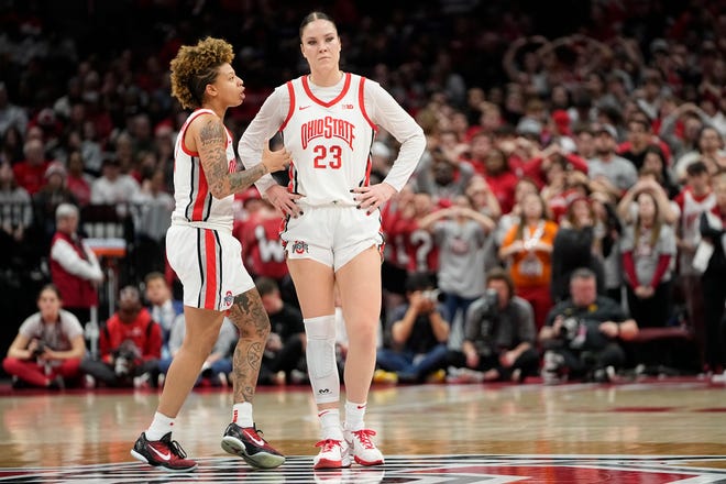 Jan 23, 2023; Columbus, OH, USA;  Ohio State Buckeyes guard Rikki Harris (1) and forward Rebeka Mikulasikova (23) talk during a timeout in the second half of the NCAA women's basketball game against the Iowa Hawkeyes at Value City Arena. Ohio State lost 83-72. Mandatory Credit: Adam Cairns-The Columbus Dispatch