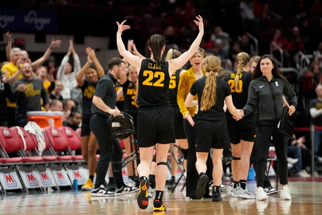 Jan 23, 2023; Columbus, OH, USA;  Iowa Hawkeyes guard Caitlin Clark (22) celebrates during the second half of the NCAA women's basketball game against the Ohio State Buckeyes at Value City Arena. Ohio State lost 83-72. Mandatory Credit: Adam Cairns-The Columbus Dispatch