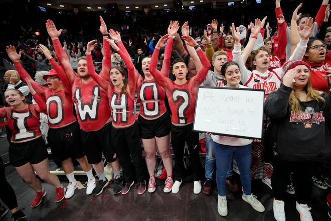 Jan 23, 2023; Columbus, OH, USA;  Ohio State students sing "Carmen Ohio" following the NCAA women's basketball game against the Iowa Hawkeyes at Value City Arena. Ohio State lost 83-72. Mandatory Credit: Adam Cairns-The Columbus Dispatch