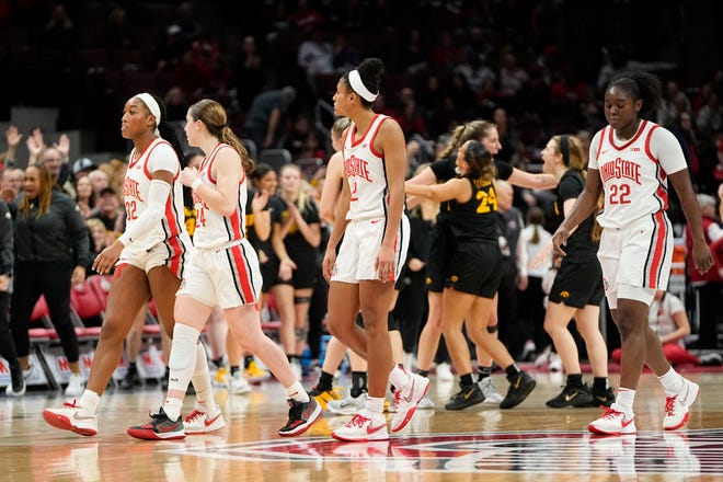 Jan 23, 2023; Columbus, OH, USA;  The Ohio State Buckeyes walk off the court as the Iowa Hawkeyes celebrate their 83-72 win in the NCAA women's basketball game at Value City Arena. Mandatory Credit: Adam Cairns-The Columbus Dispatch