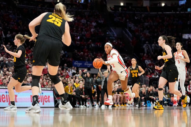 Jan 23, 2023; Columbus, OH, USA;  Ohio State Buckeyes forward Cotie McMahon (32) brings the ball up court during the second half of the NCAA women's basketball game against the Iowa Hawkeyes at Value City Arena. Ohio State lost 83-72. Mandatory Credit: Adam Cairns-The Columbus Dispatch