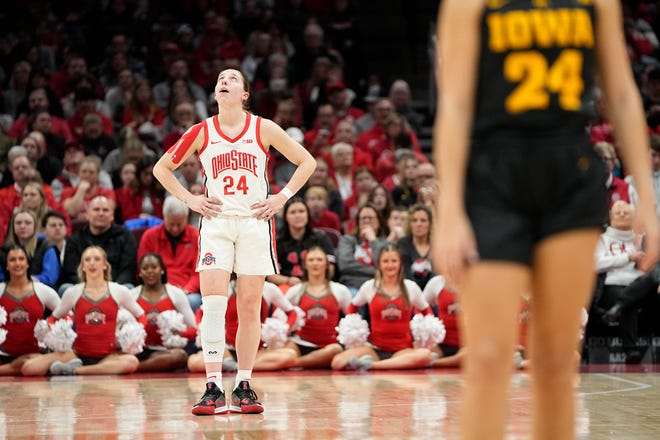 Jan 23, 2023; Columbus, OH, USA;  Ohio State Buckeyes guard Taylor Mikesell (24) looks to the scoreboard during the first half of the NCAA women's basketball game against the Iowa Hawkeyes at Value City Arena. Mandatory Credit: Adam Cairns-The Columbus Dispatch