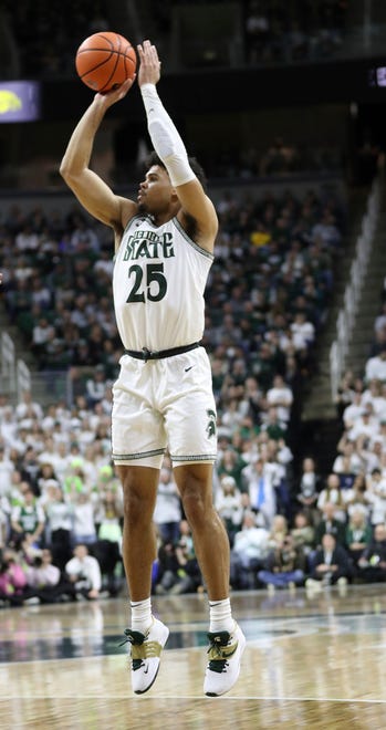 Michigan State forward Malik Hall shoots  against the Iowa during the first half of MSU's 63-61 win on Thursday, Jan. 26, 2023, at Breslin Center.