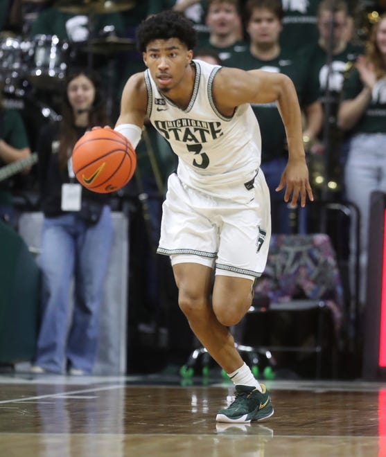 Michigan State guard Jaden Akins brings the ball up court against Iowa during the second half of MSU's 63-61 win on Thursday, Jan. 26, 2023, at Breslin Center.
