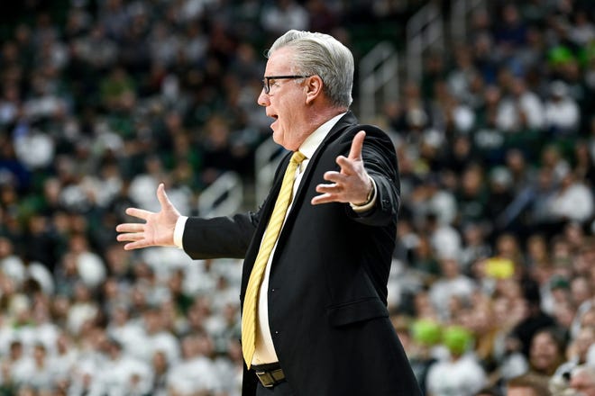 Iowa's head coach Fran McCaffery argues a call during the first half in the game against Michigan State on Thursday, Jan. 26, 2023, at the Breslin Center in Lansing.

230126 Msu Iowa Bball 035a