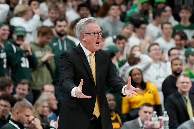 Iowa head coach Fran McCaffery argues a call during the first half of an NCAA college basketball game against Michigan State, Thursday, Jan. 26, 2023, in East Lansing, Mich. (AP Photo/Carlos Osorio)