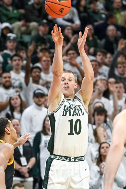 Michigan State's Joey Hauser makes a 3-pointer against Iowa during the second half on Thursday, Jan. 26, 2023, at the Breslin Center in Lansing.